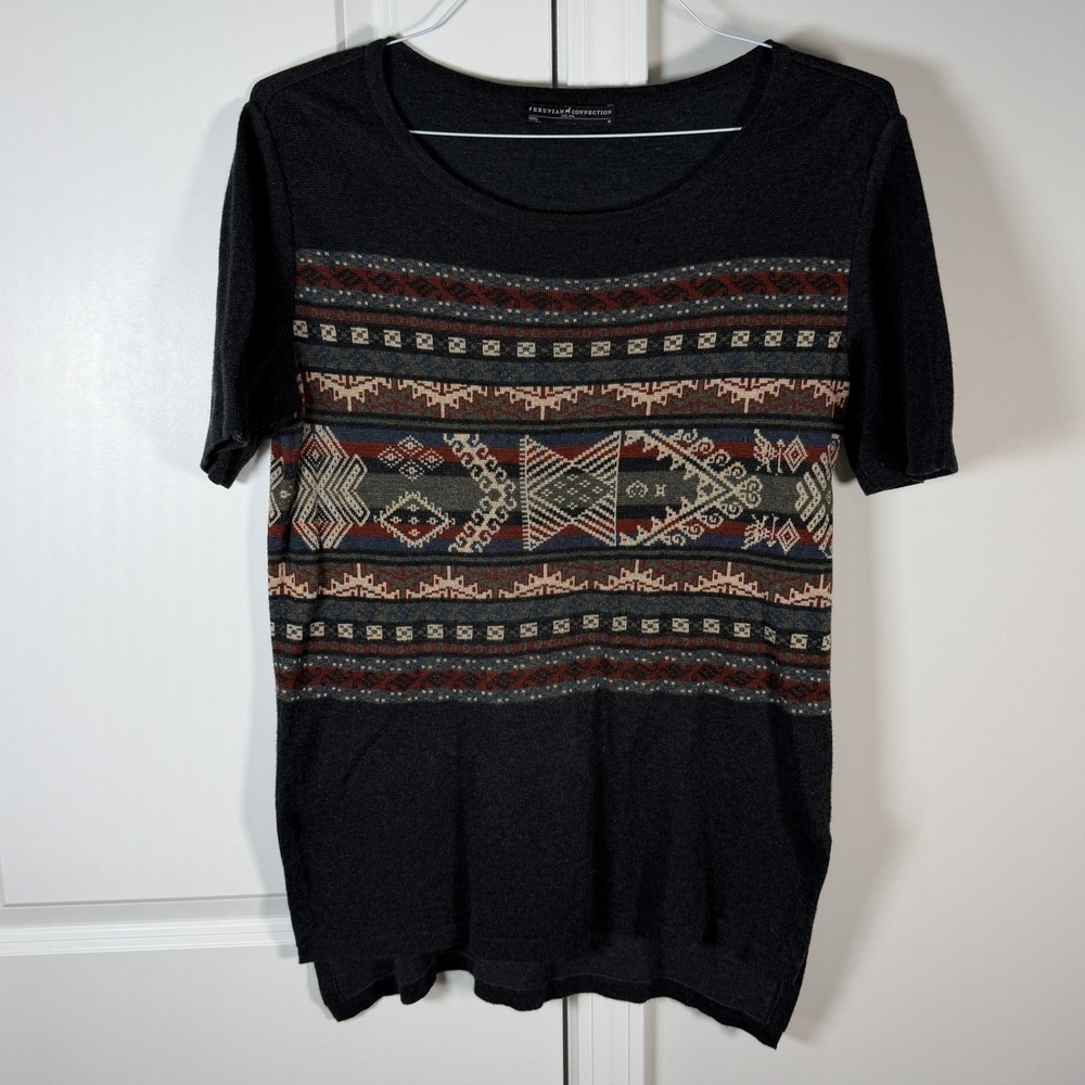 Peruvian Connection Womens Charcoal Grey Geometric Aztec Knit Shirt Top Size M